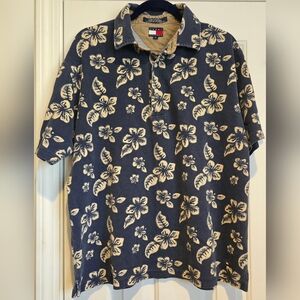 Vintage EUC Tommy Hilfiger Men's Size Large Blue Floral Polo Shirt 100% Cotton